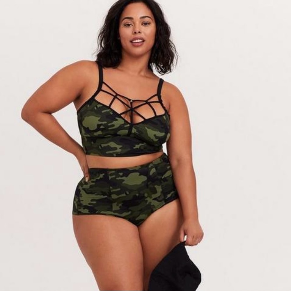 TORRID OLIVE CAMO CAGE FRONT BIKINI TOP AND HIGH RISE BOTTOM
